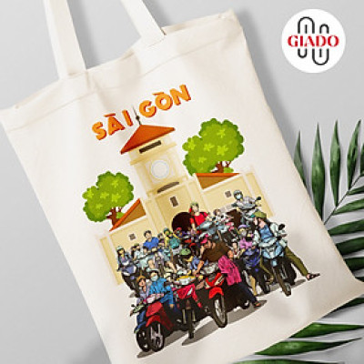 Túi canvas GIADO, túi vải bố, túi tote mẫu hình Chợ Bến Thành Sài Gòn