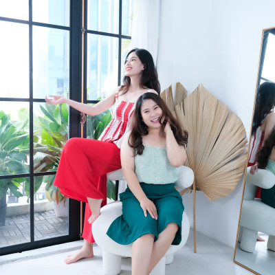 Đồ Bộ Mặc Nhà LMcation - Áo dây Clara màu sọc nơ đỏ &  Quần váy dài Mila màu đỏ