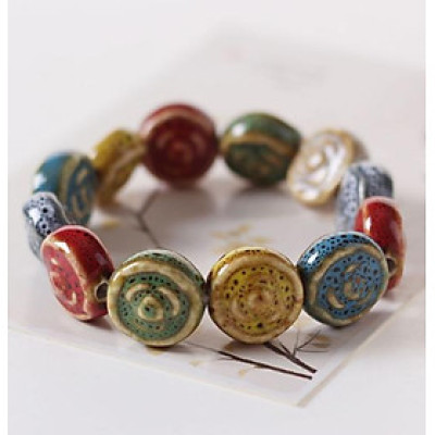 Vòng tay gốm Vintage hoa hồng hạt dẹt hàng xuất Nhật VGOM13