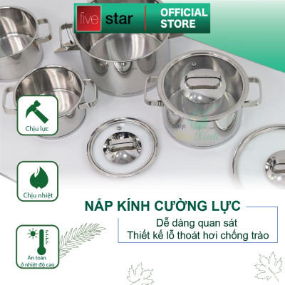 Nồi thân cao 3 đáy inox 304 Fivestar Plus bếp từ quai vuông nắp kính ( 16cm / 18cm / 20cm / 24cm )- tặng 1 vá canh