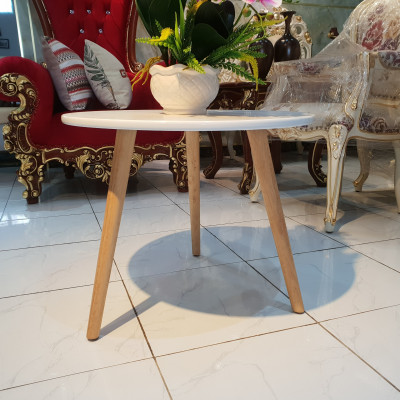 Bàn sofa tròn trắng - Đường kính 60cm - Chân gỗ tự nhiên