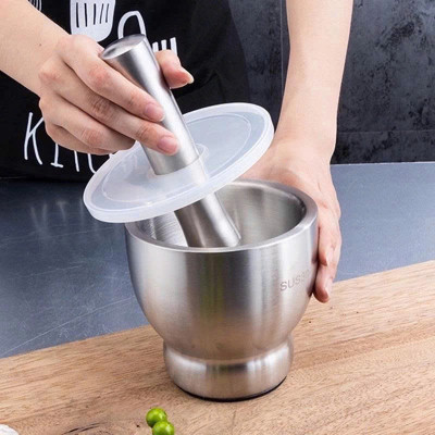 Cối Chày Inox 304  Có Nắp Đậy Cao Cấp – Giã Tỏi Ớt, Gia Vị, Thực Phẩm Nhanh Chóng, Sạch Sẽ Size 10cm