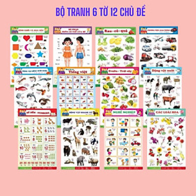 ￼Tranh lò xo- Bộ Tranh Treo Tường 6 Tờ 12 Chủ Đề dành cho bé (Song ngữ Việt Anh)