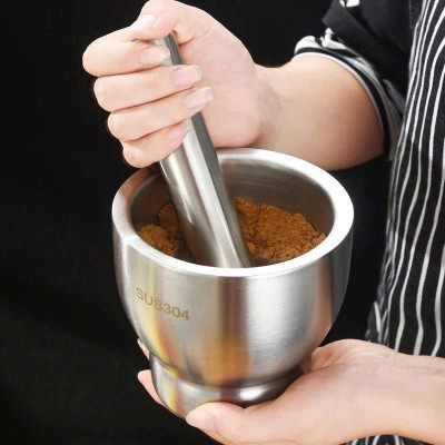 Cối Chày Inox 304 Cao Cấp , Đâm Tiêu , Giã Tỏi, Giã Cua, Có Nắp Đậy, Đế Chống Trượt , Size 10cm 