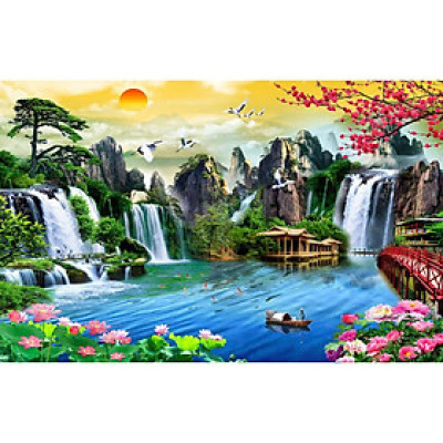 Tranh dán tường thác nước - phong cảnh thác nước - vải lụa phủ kim tuyến