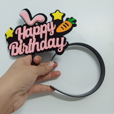 Băng đô cài tóc sinh nhật chữ Happy Birthday vải nỉ có đèn (màu xanh/hồng)