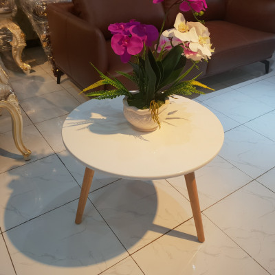 Bàn sofa tròn trắng - Đường kính 60cm - Chân gỗ tự nhiên