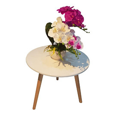 Bàn sofa tròn trắng - Đường kính 60cm - Chân gỗ tự nhiên