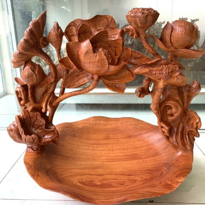Giỏ đựng hoa quả trạm khắc hoa sen bằng gỗ hương đá kt 35×43×37cm