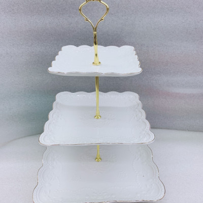 KHAY SỨ ĐỰNG BÁNH KẸO HOA QUẢ 3 TẦNG TRẮNG HOA DẬP NỔI - ANTH618