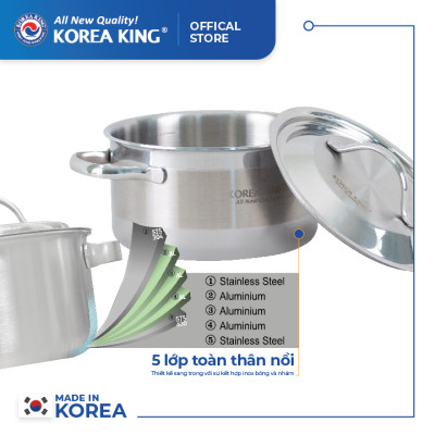 KP-22S5PLY Nồi inox 5 lớp đáy liền Korea King (Nồi, nắp đều bằng inox, đường kính 22cm, dung tích 4L)-Hàng chính hãng