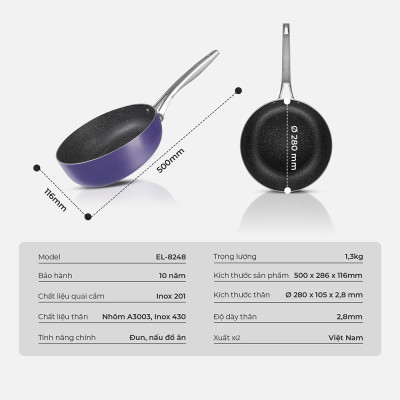 Chảo chống dính Full induction Elmich Hera EL8248 đương kính 28cm miệng chống văng dầu - Hàng chính hãng