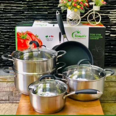 Bộ Nồi Chảo Tomate Inox 304 – 8 Món TOM 0708 - 5 lớp đáy - nồi từ - nắp kính