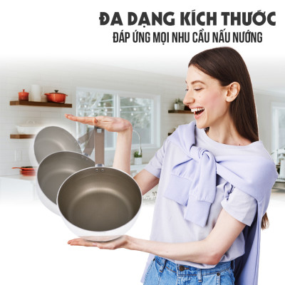 Chảo Inox 316 liền khối 7 lớp phủ chống dính Nano Titanium Shield Kalpen size 20cm,24cm,26cm,28cm đáy từ - Hàng chính hãng