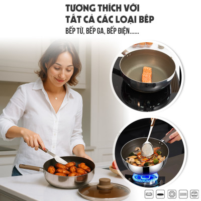 Chảo Inox 316 liền khối 7 lớp phủ chống dính Nano Titanium Shield Kalpen size 20cm,24cm,26cm,28cm đáy từ - Hàng chính hãng