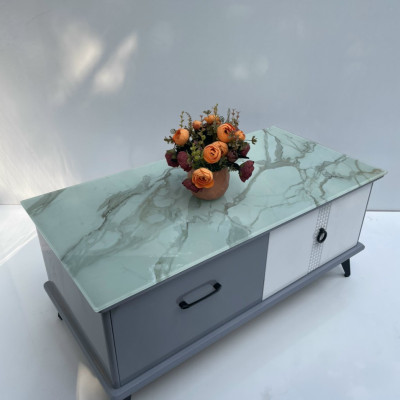 Bàn trà mặt kính vân xanh mẫu mới 2023 Tundo KT50x100x45cm