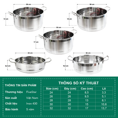 Xửng Hấp Inox 2 Quai Fivestar Tặng 2 Muỗng Canh - Bạc