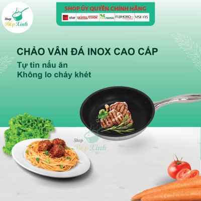 Chảo Chống Dính 3 Lớp Vân Đá Inox 304 Và Nắp Kính Fivestar (24cm)