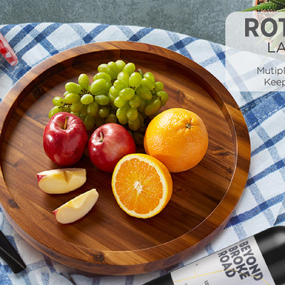 Khay gỗ xoay decor đựng thức ăn, đồ dùng nhà bếp