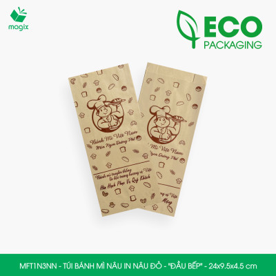 MFT1N3NN - 24x9.5x4.5 cm - 100 Túi bánh mì Nâu, in sẵn họa tiết ĐẦU BẾP - Bao bánh mì Túi giấy thực phẩm an toàn