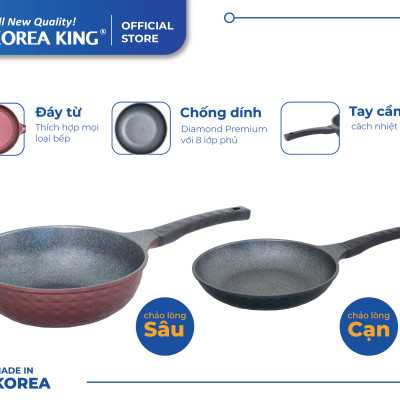 Combo 2 chảo sâu, cạn Diamond Premium Korea King(1 Chảo cạn 20cm và 1 chảo sâu 26cm)-Hàng chính hãng