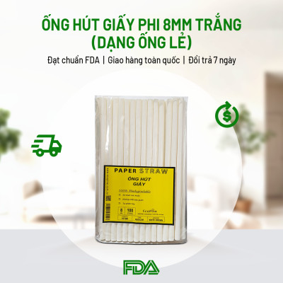 Bịch 100 ống hút giấy phi 8mm trắng ECOPINE