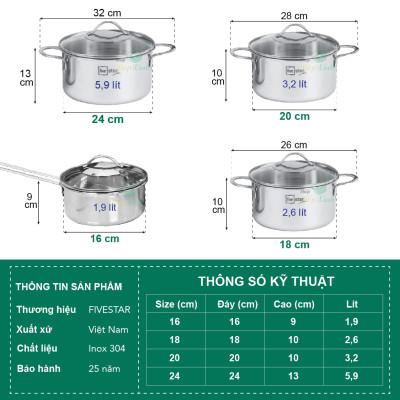 Bộ nồi chảo chống dính sâu lòng tổ ong 3 lớp đáy liền inox 304 Fivestar Plus quai oval nắp kính , tặng 1 sạn inox