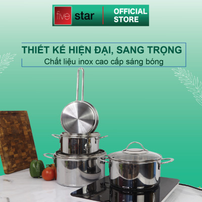 Bộ nồi chảo chống dính sâu lòng tổ ong 3 lớp đáy liền inox 304 Fivestar Plus quai oval nắp kính , tặng 1 sạn inox
