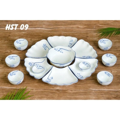 Bộ bát đĩa hoa mặt trời 15 món, men kem. Gốm sứ Bát Tràng.