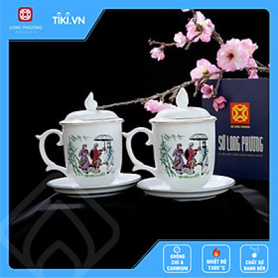 Bộ ca 10.5 quan họ (ca có nắp có kê) Cốc uống nước sứ Long Phương