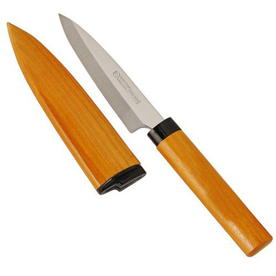 Combo Dao gọt hoa quả KAI có nắp đậy cán gỗ nội + Đá mài dao kéo nội địa Nhật Bản