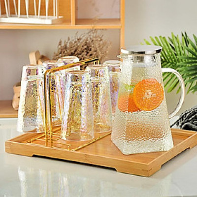 BỘ BÌNH ĐỰNG NƯỚC UỐNG THỦY TINH 6 CỐC LOE CAO CHỊU NHIỆT CAO CẤP KÈM KHAY VÀ GIÁ ÚP ( KHAY VÀ GIÁ GIAO NGẪU NHIÊN ) - VD77