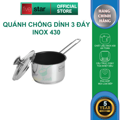 Quánh chống dính 3 đáy inox 430 cao cấp Fivestar Standard nắp kính bếp từ (12cm/14cm) , tặng 5 muỗng ăn