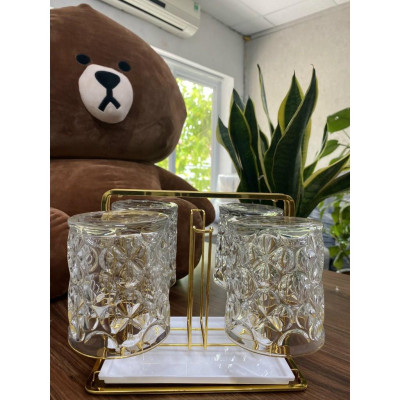 Bộ 6 cốc thủy tinh viền vàng họa tiết hoa 4 cánh DSKB 011