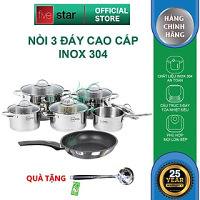 Bộ nồi chảo chống dính cao cấp Fivestar Plus 6 món nắp kính , dùng được mọi bếp , tặng 1 vá canh
