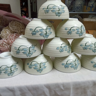 bộ 10 bát ăn cơm men kem vẽ sen Bát Tràng