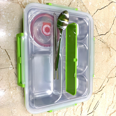 Bộ khay cơm phần 5 ngăn inox 304 có chén đựng canh và muỗng đũa