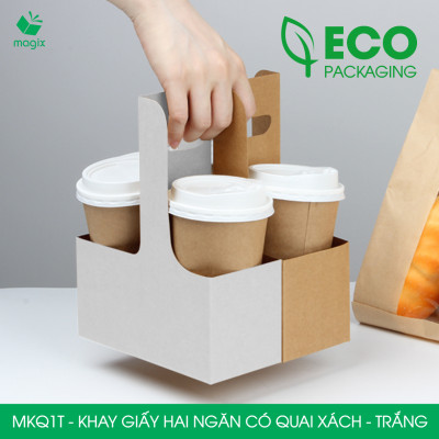 MKQ1T - 17.5x8x9 cm - Combo 60 Khay giấy 2 ngăn quai xách màu trắng siêu chắc, hộp giấy 2 ngăn chống thấm đựng ly nước, hoa và quà tặng