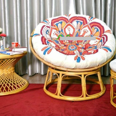 Ghế mặt trăng Papasan mây thật cao cấp Juno Sofa size 1m, Nệm hoa văn Indochine
