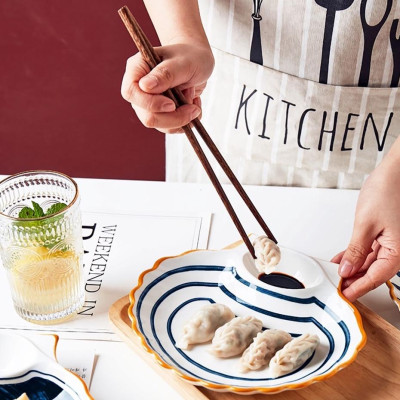 Đĩa Sò Có Ngăn Chấm Nhật Bản | Đĩa sò cao cấp 2022 có chia ngăn đựng gia vị Phong Cách Decor Retro 4 Hoa Văn