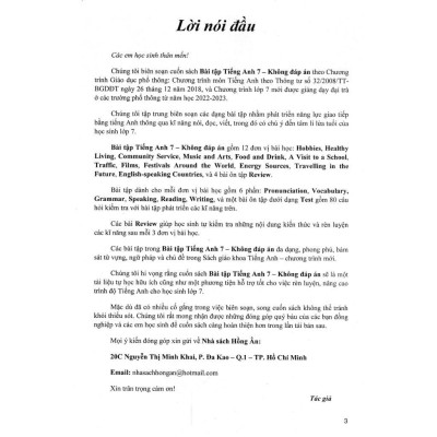 Sách - Bài Tập Tiếng Anh Lớp 7 - Không Đáp Án - Bám Sát SGK Kết Nối - Hồng Ân