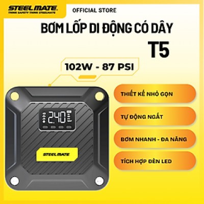 Bơm Lốp Ô Tô Mini STEELMATE T5 – Bơm Nhanh, Tự Động Ngắt, Hiển Thị Áp Suất Kỹ Thuật Số, Bảo Hành 2 Năm