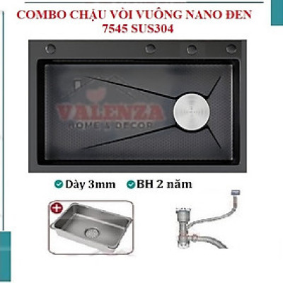 Chậu rửa bát inox304 chống xước 7546 nano đen dày 3li, vòi rửa bát nóng lạnh Vuông, xiphong, khay inox, bình nước rửa bát, xịt rửa ly cốc