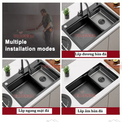 Chậu rửa bát 1 hố Valenza 6845 inox 304 nano xám dày 3li kèm khay inox, bộ xả to ngăn mùi, rổ inox lỗ-Hàng đẹp