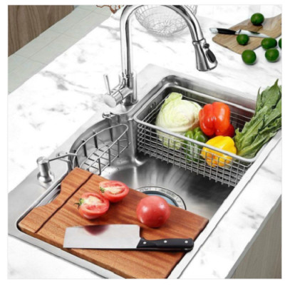 Chậu rửa bát inox304 bán nguyệt 5li chống xước 7546 Valenza, vòi rửa bát rút dây nóng lạnh 01, bộ xả 18cm, khay inox, rổ inox lỗ, bình rửa bát, rửa ly cốc