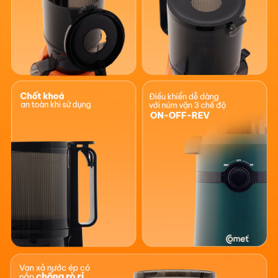 Máy ép chậm Comet CM9616 – Công suất 200W, dung tích 600ml, ép kiệt bã 98%, miệng ép lớn 108mm – Hàng chính hãng bảo hành 12 tháng 