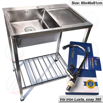 Combo Chậu Rửa Chén Bát Inox Có Chân Loại 1 Hố Có Bàn Dài 80cm Rộng 46cm Kèm Vòi Kazta Và Luxta - Gồm chậu, chân, vòi, đầy đủ xi phông