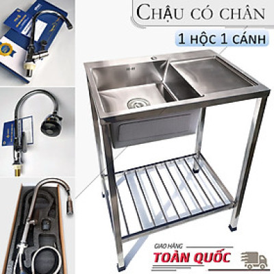 Combo Chậu Rửa Chén Bát Inox Có Chân Loại 1 Hố Có Bàn Dài 80cm Rộng 46cm Kèm Vòi Kazta Và Luxta - Gồm chậu, chân, vòi, đầy đủ xi phông