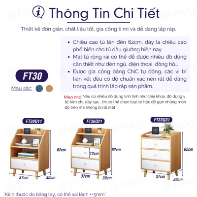 Tủ Đầu Giường Gỗ Mini Nhiều Ngăn FIVO Mẫu FT30, Dễ Dàng Lắp Ráp, Decor Tiện Lợi, Tiện Lợi Cho Phòng Ngủ
