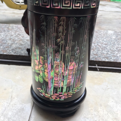 HỘP ĐỰNG TRÀ CHÈ BẰNG GỖ TRẮC ĐỎ ĐEN KẾT HỢP VỚI KHẢM ỐC ĐỎ KT 21×11.5CM